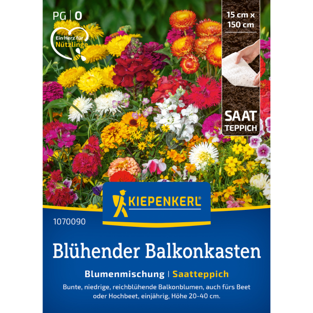 Kiepenkerl Bl�hender Balkonkasten Saatteppich 1070090 &ndash; farverig blomsterfr�-m�tte 15x150 cm, lavvoksende sommerblomster 20-40 cm, nyttedyr-venlig mix til altankasser, krukker og h�jbede