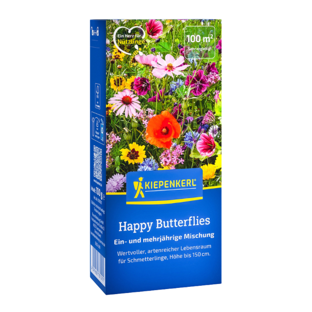 Insektvenlig blomsterblanding emballage &ndash; pose med illustration af r�de valmuer, gule solsikkker, bl� phacelia og biodiversitetsrig eng