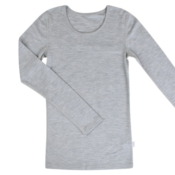 Gr� lang�rmet dame t-shirt &ndash; bl�d, �ndbar merinould / modal til jagt, friluftsliv, lag-p�-lag og hverdag