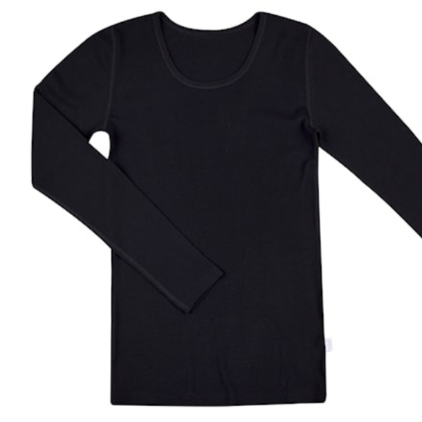 Sort lang�rmet t-shirt dame &ndash; bl�d, �ndbar merinould til jagt, friluftsliv, lag-p�-lag og vinterbrug