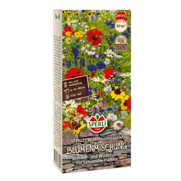 Insektvenlig blomsterblanding emballage &ndash; pose med illustration af valmuer, solsikkker, phacelia, cosmea og biodiversitetsrig blomstereng