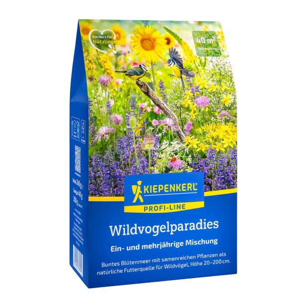 Insektvenlig blomsterblanding emballage &ndash; pose med illustration af valmuer, solsikkker, phacelia, cosmea og biodiversitetsrig blomstereng