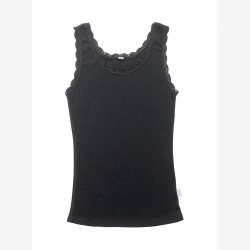 Dame merino uld undertr�je sort og hvid m/blonde