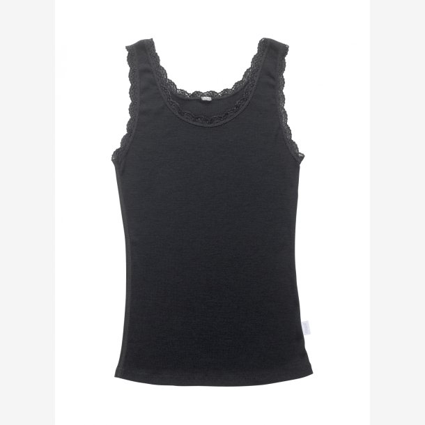 Dame merino uld undertr�je sort og hvid m/blonde